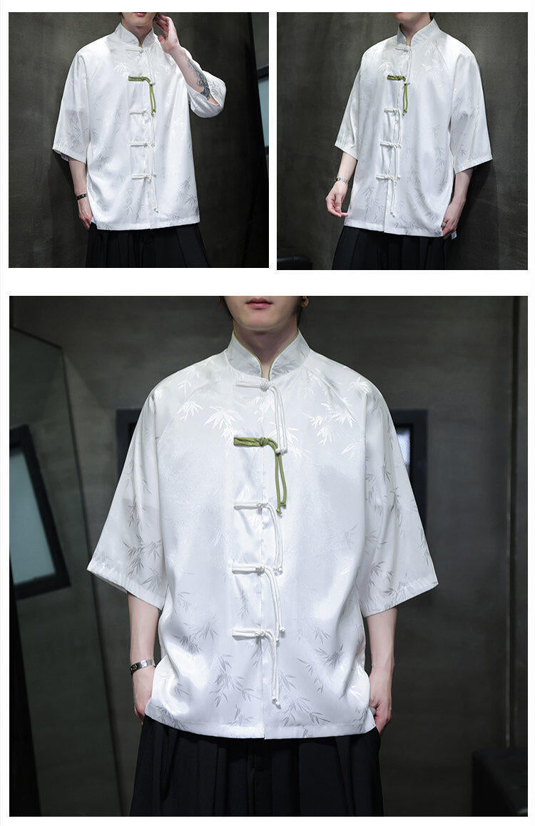 Summer Chinese Style Ice Silk Jacquard Tang Shirt Mens Stand Collar Top