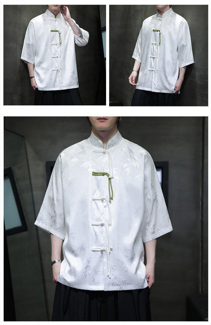 Summer Chinese Style Ice Silk Jacquard Tang Shirt Mens Stand Collar Top