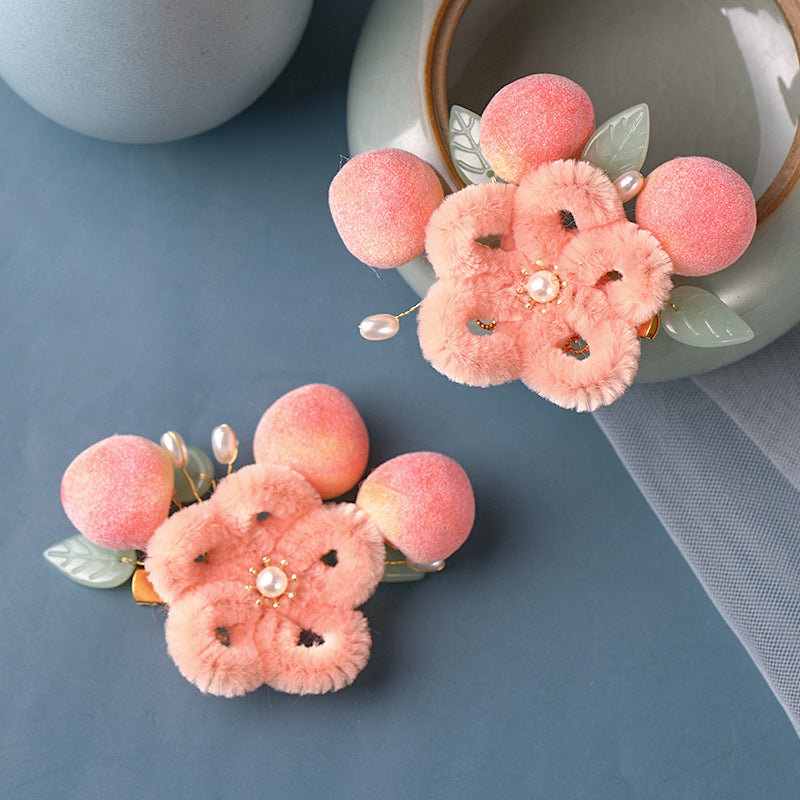 Peach Hanfu Hair Clips Velvet Flower Kids Costume Cute Chinese Style Accessories
