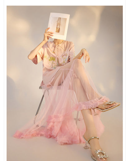 Summer New Chinese Style Embroidered Printed Top and Skirt Set