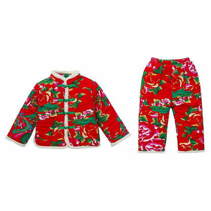 Winter Girls Floral Jacket & Pants Thickened Two-Piece Set