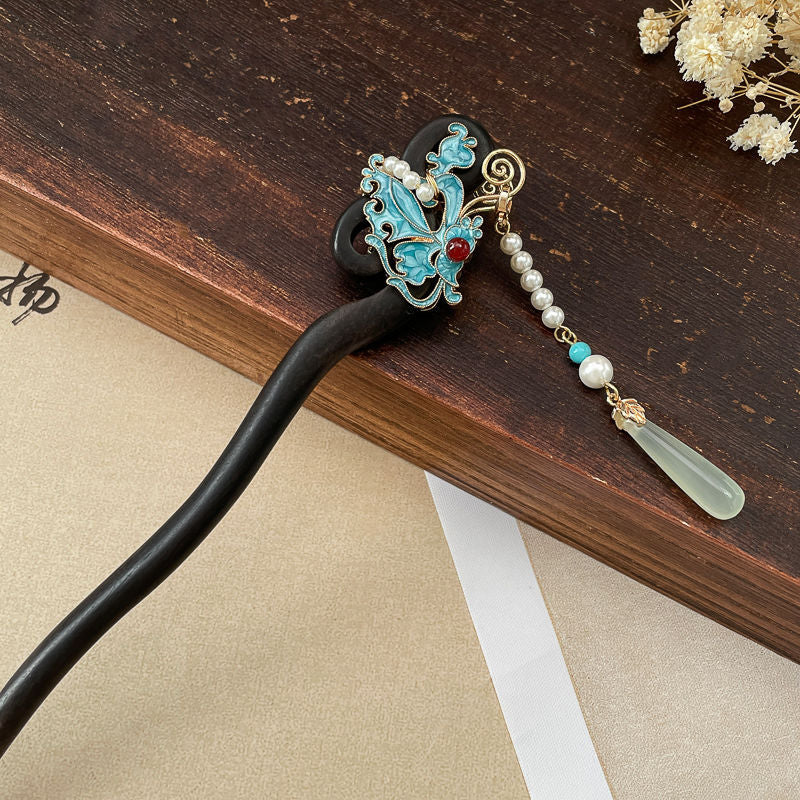 Ancient Style Imitation Jade Burnt Blue Butterfly Double Sided Hairpin