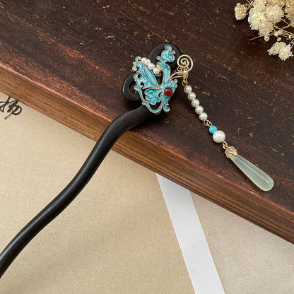 Ancient Style Imitation Jade Burnt Blue Butterfly Double Sided Hairpin