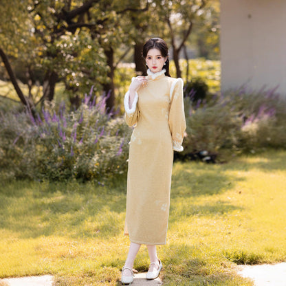 Long Sleeve Crystal Velvet Qipao | Winter Thickened Fleece Lined Dress