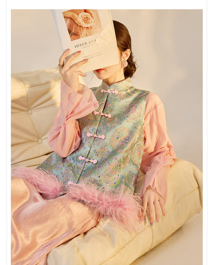 Ostrich Feather Detachable Vest – Elegant New Chinese Style Top