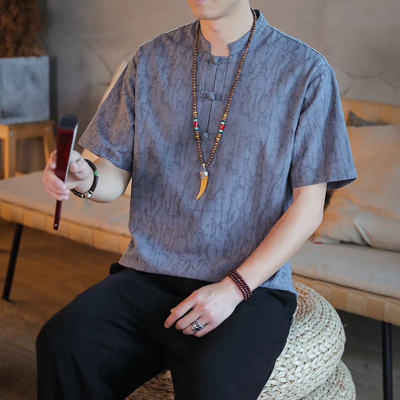 Chinese Style Mens Cotton Linen Tang Suit Short Sleeve Casual T Shirt