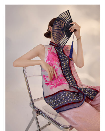 2026 New Chinese Embroidered Colorblock Mulberry Silk Vest Top