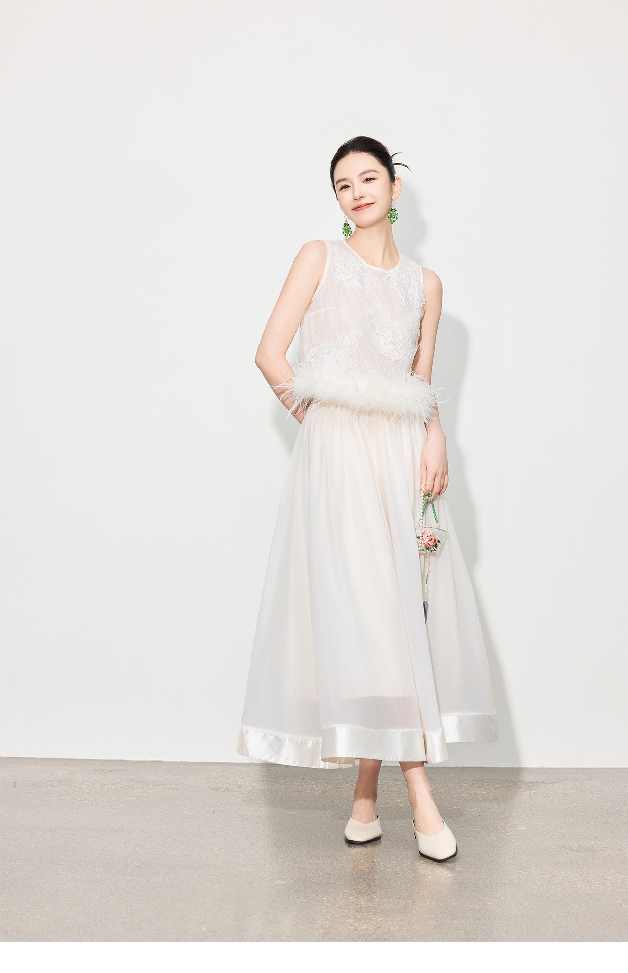 Double-Layer Mesh Patchwork Long Skirt with Elastic Waist