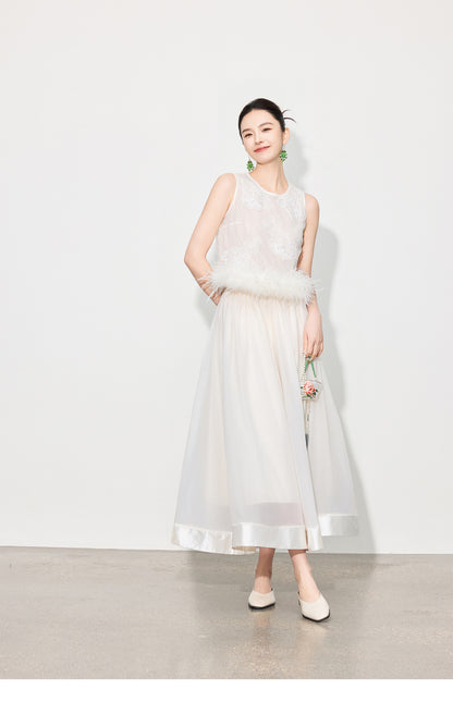 Double-Layer Mesh Patchwork Long Skirt with Elastic Waist