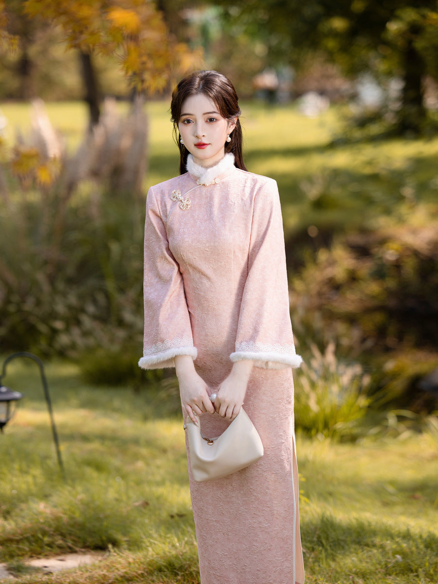 2025 New Pink Chinese Style Qipao | Warm Elegant Thickened Winter Dress