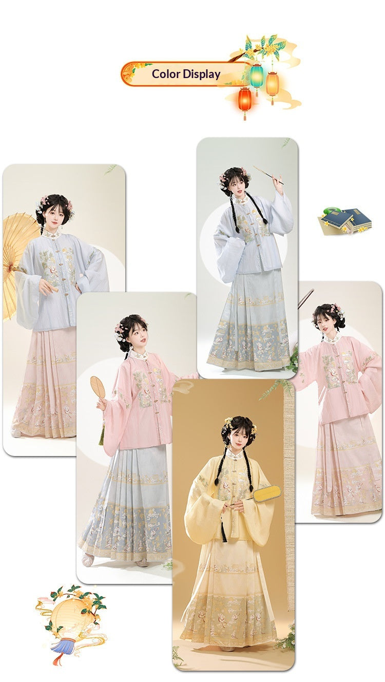 Trees of Sea Ming Hanfu Set Adult Stand Collar Embroidered Pipa Sleeve Horse Face Skirt