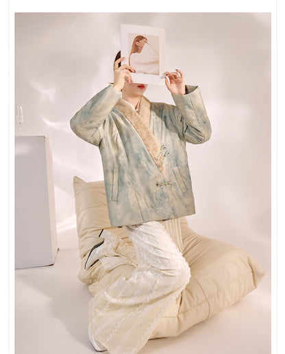 New Chinese Style Feather Collar Embroidered Cotton Jacket for Women