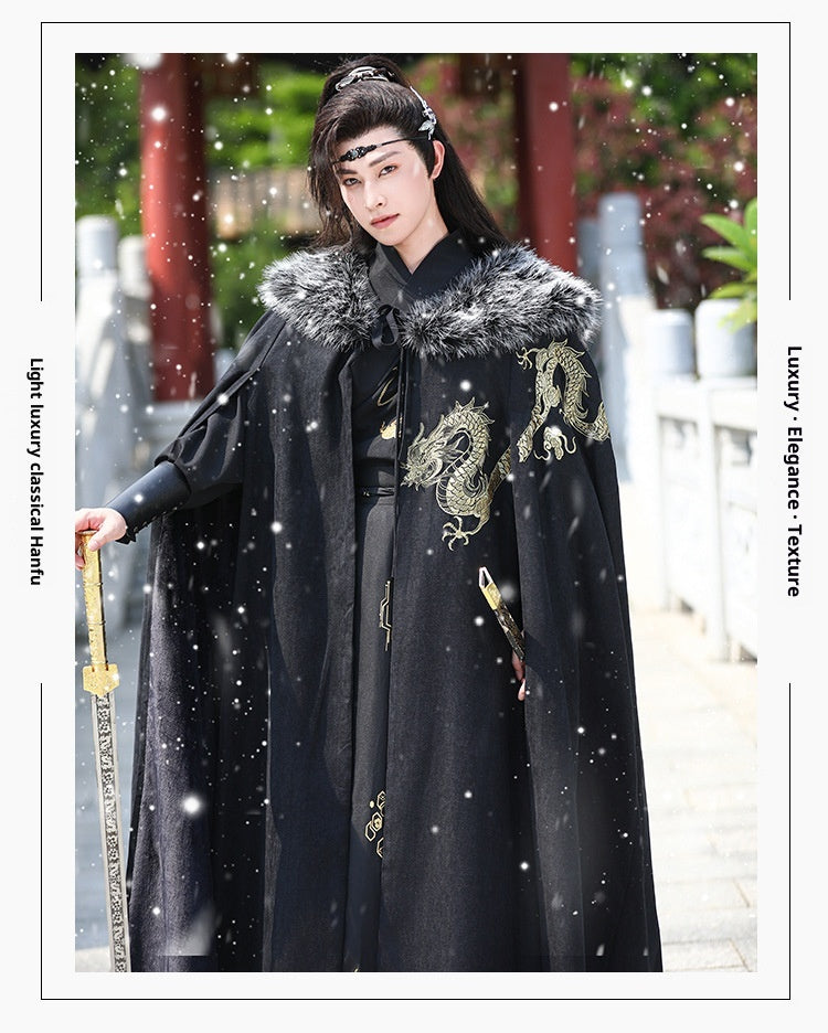 Men's Fleece-Lined Fur Collar Cloak New Chinese Style Winter Hanfu