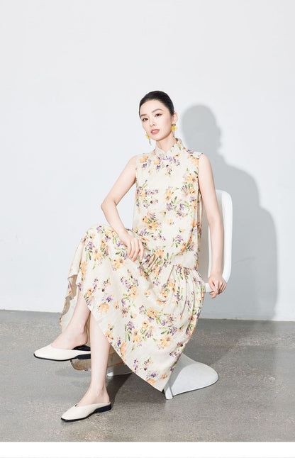 High-End Linen Sleeveless Button Top & Slimming Skirt for Women