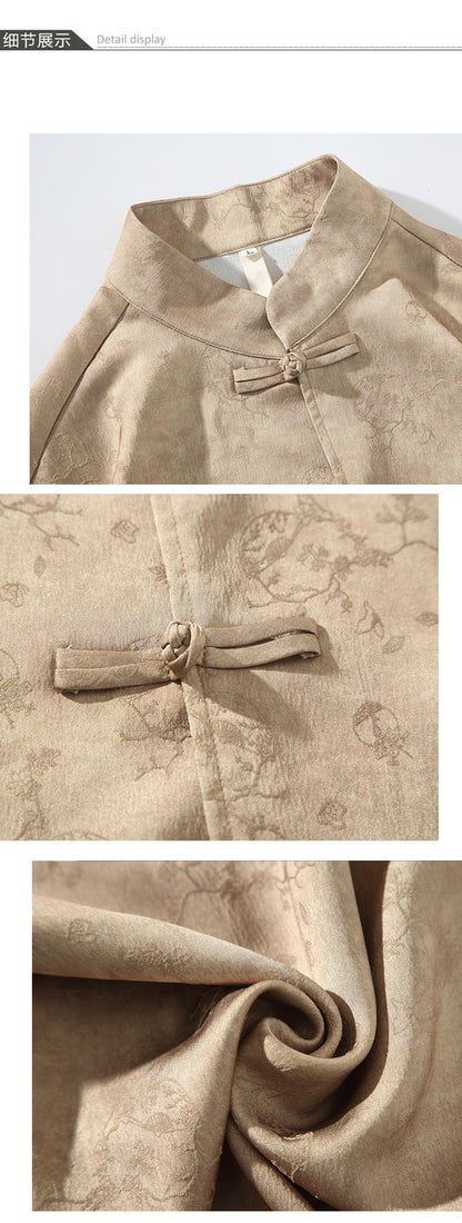 Summer Chinese Tang Suit Shirt Mens Stand Collar Short Sleeve Hanfu