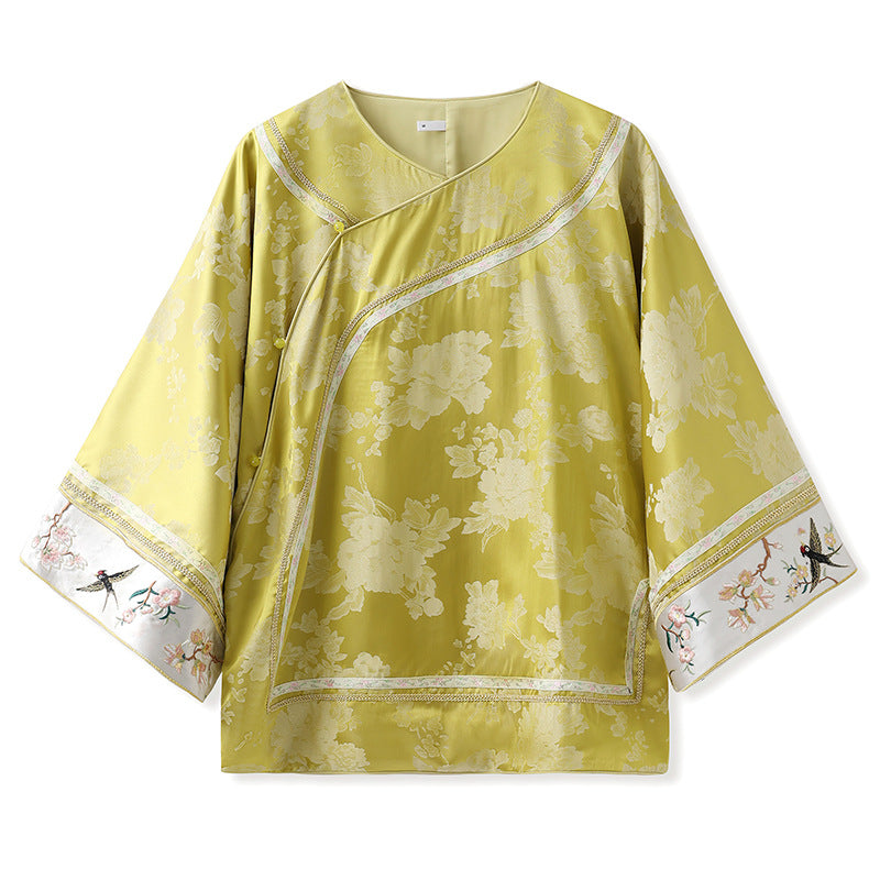 Elegant Yellow Jacquard Rayon Shirt New Chinese Style Top 2026