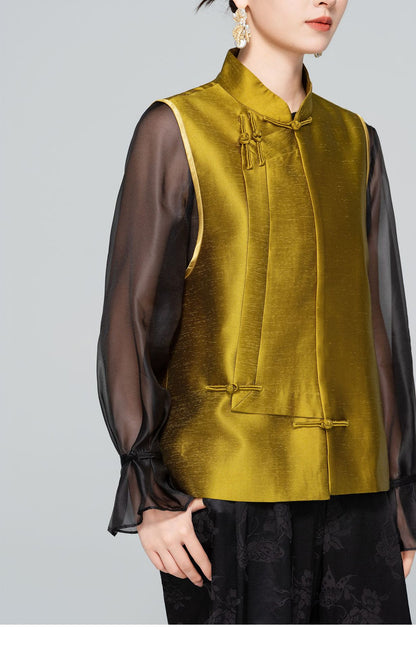 Elegant Stand Collar Button Sleeveless Layered Vest