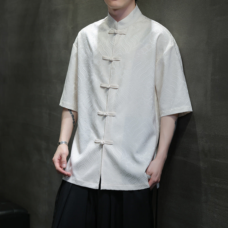 New Chinese Style Tang Shirt — Men’s Short-Sleeve Retro Button-Up Top