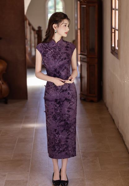 Autumn Elegant Cheongsam – Purple Retro Crescent Sleeve Dress