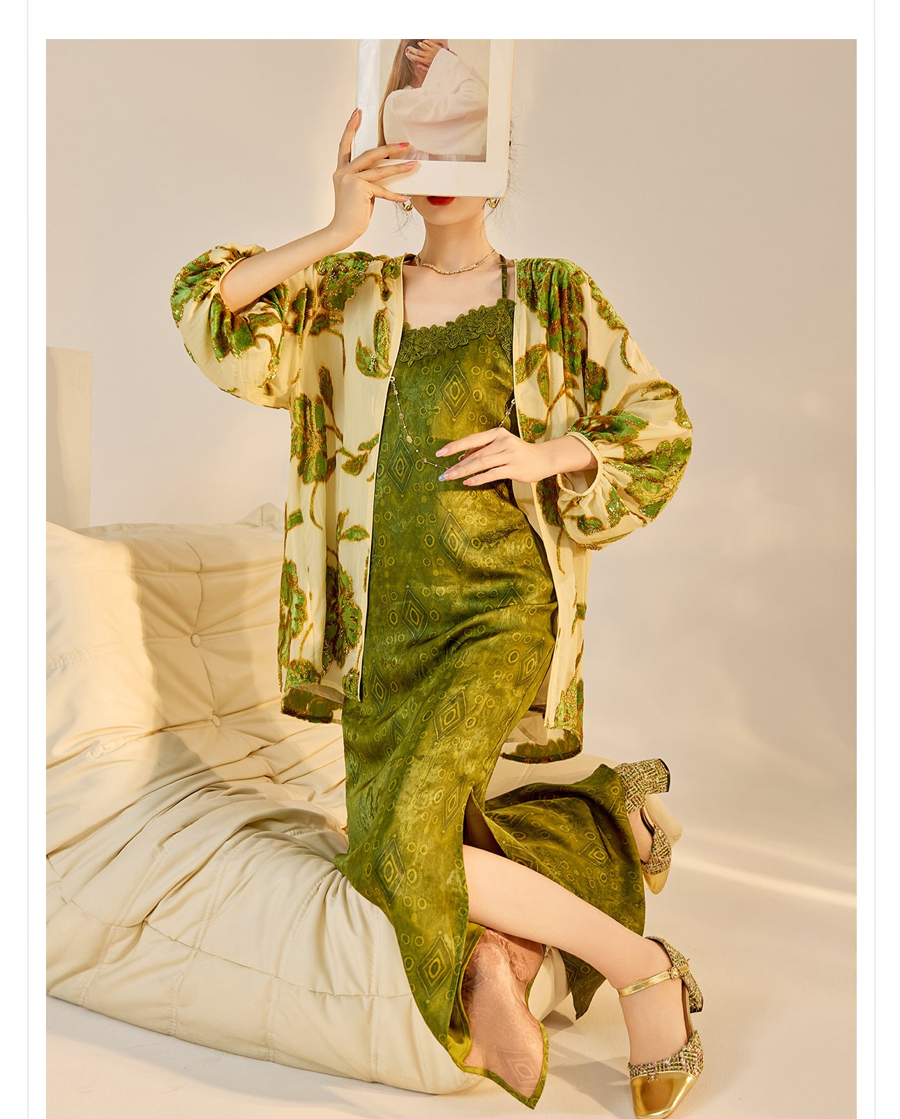 Velvet Burnout Jacket & Printed Cardigan Dress Set for Autumn