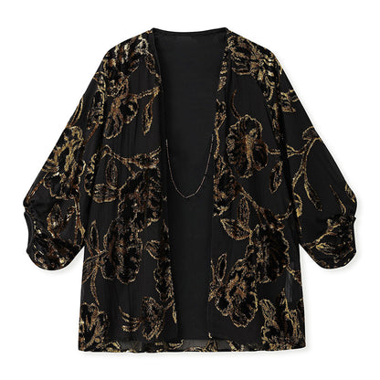 Velvet Burnout Jacket & Printed Cardigan Dress Set for Autumn