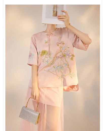 Summer New Chinese Style Embroidered Printed Top and Skirt Set