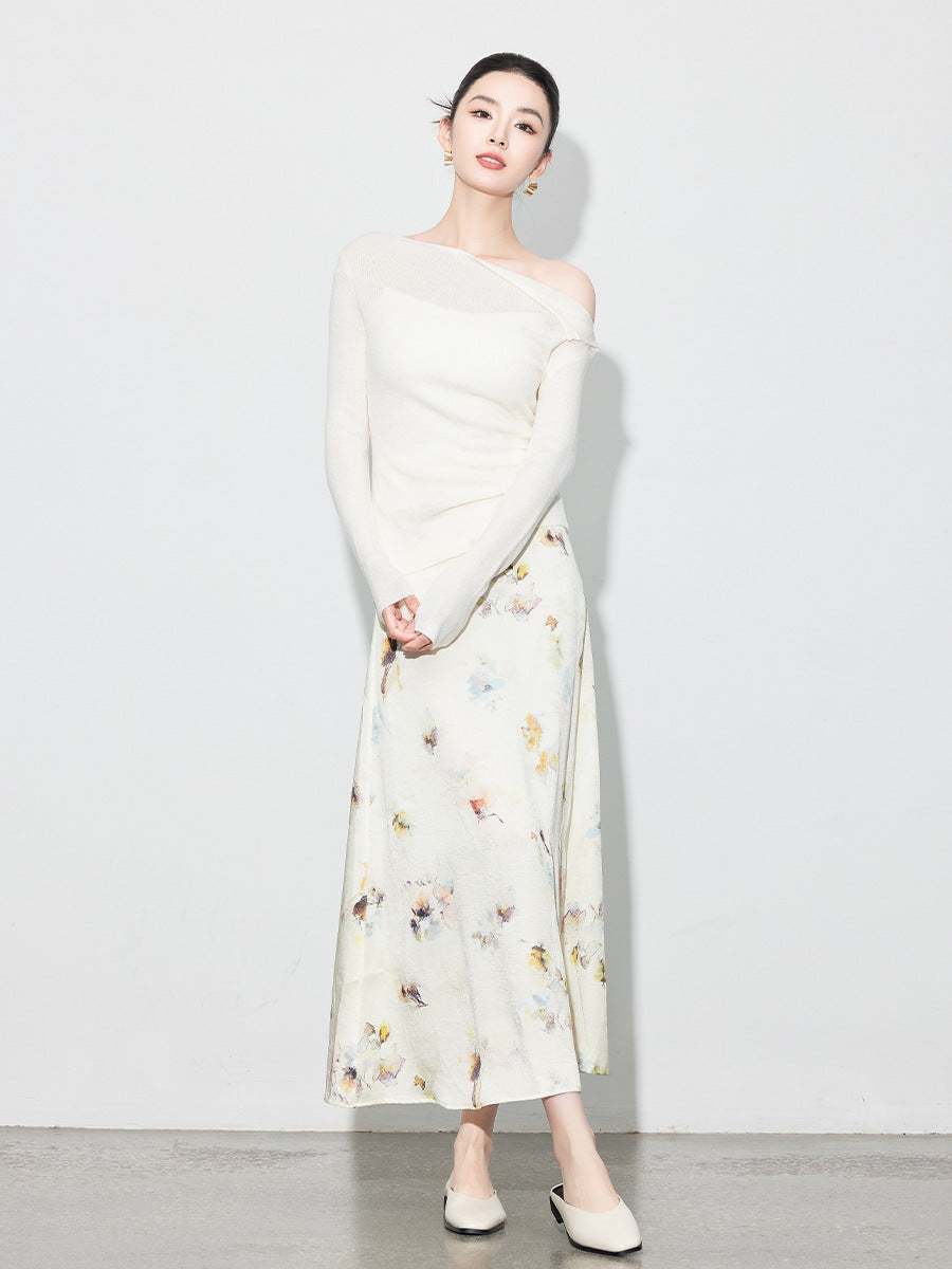 Chic Printed Midi Skirt, Side Slit Design for Women