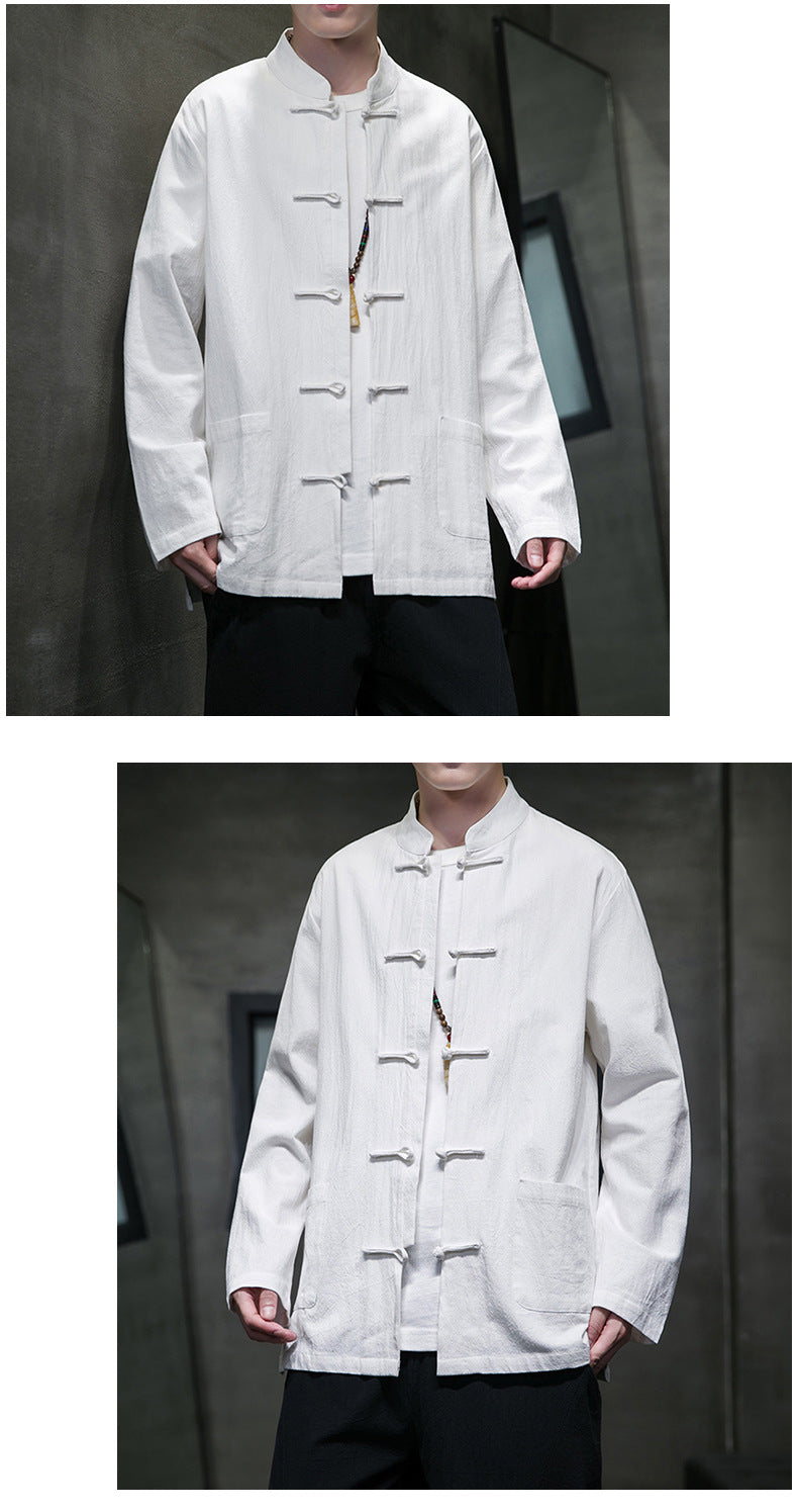 Mens Autumn Chinese Style Hanfu Tang Suit Button Up Cotton Linen Top