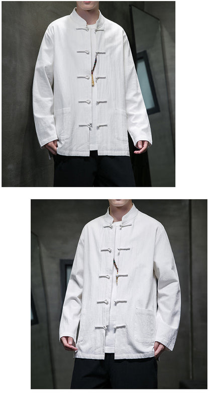 Mens Autumn Chinese Style Hanfu Tang Suit Button Up Cotton Linen Top