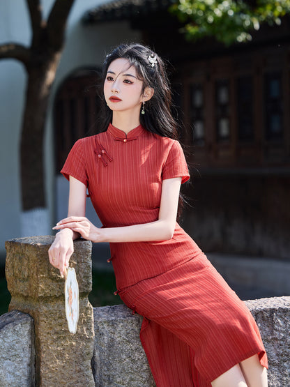 Striped Cotton Linen Cheongsam – 2025 Vintage Artistic Dress