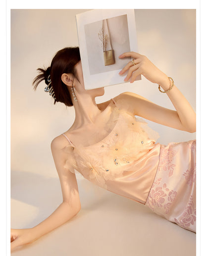 New Chinese Style Beaded Floral Acetate Top | Elegant Short Camisole