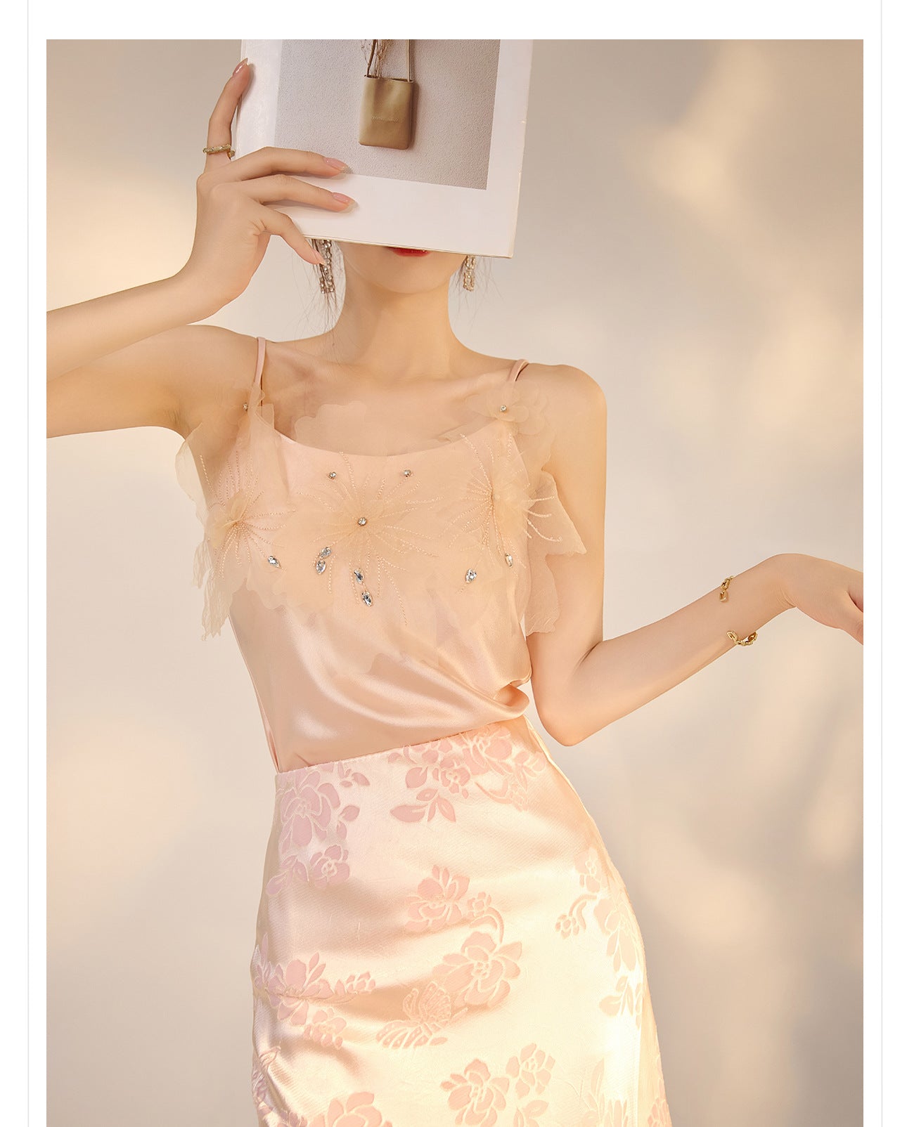 New Chinese Style Beaded Floral Acetate Top | Elegant Short Camisole