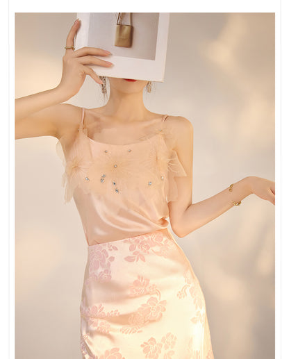 New Chinese Style Beaded Floral Acetate Top | Elegant Short Camisole