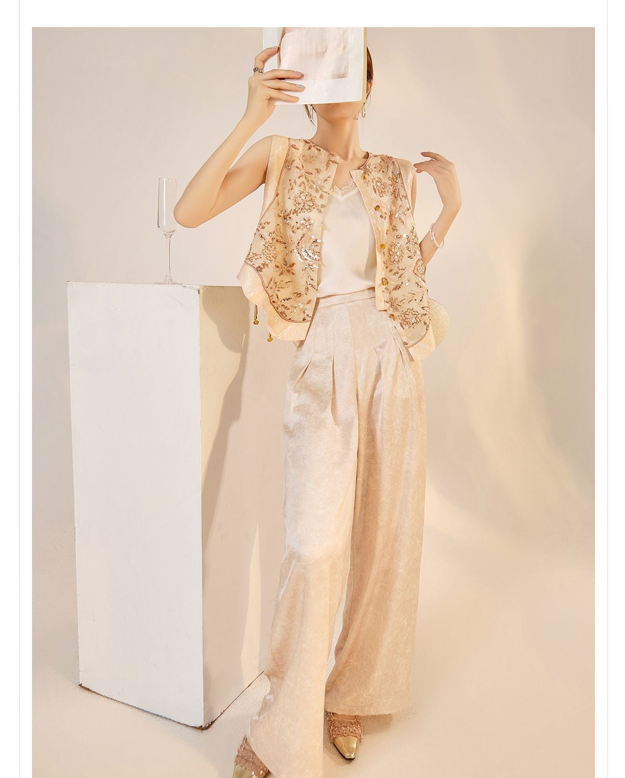 National Style2025Summer New Beaded Embroidery New Chinese Style Sequin Mermaid Skirt Vest Pants Set