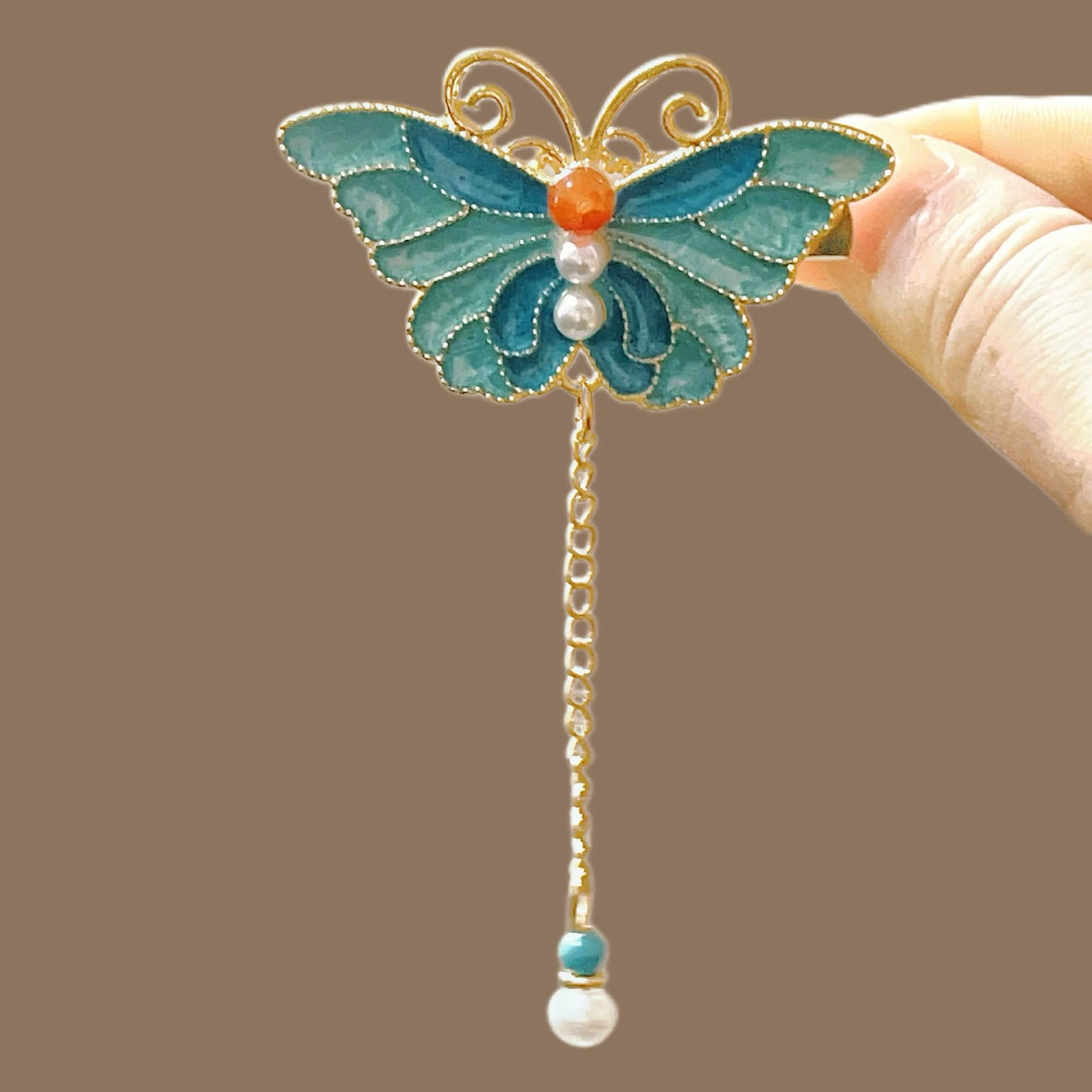 Blue Enamel Hair Clip Chinese Style Pearl Tassel Butterfly Hairpin