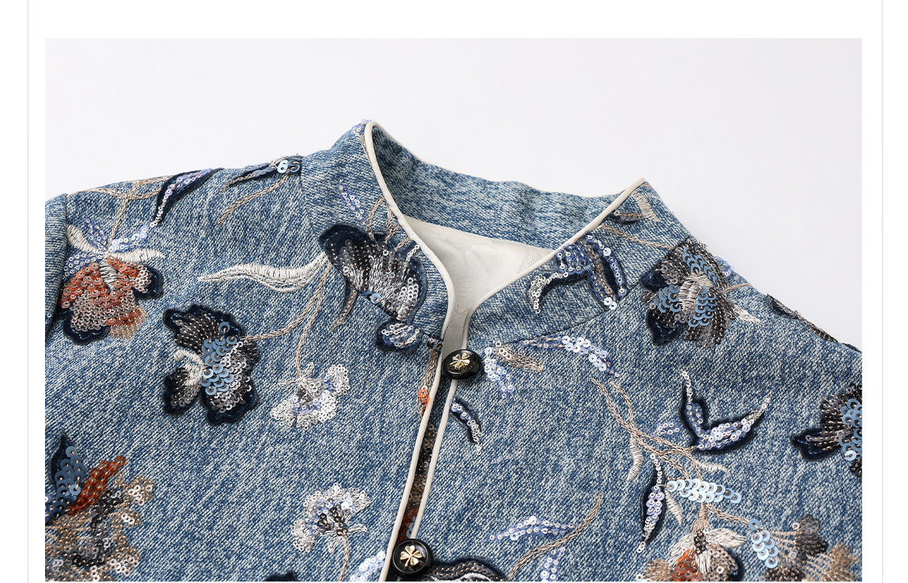 New Chinese Style Denim Jacket | Sequin Embroidery Elegant National Top