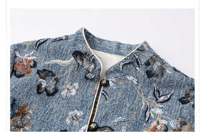 New Chinese Style Denim Jacket | Sequin Embroidery Elegant National Top