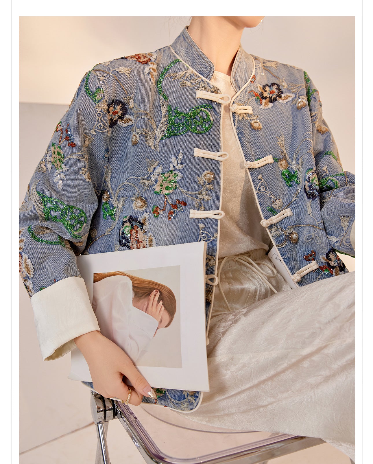 Blue Sequin Embroidered Denim Jacket High-End New Chinese Style