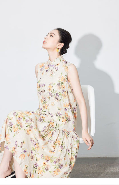 High-End Linen Sleeveless Button Top & Slimming Skirt for Women