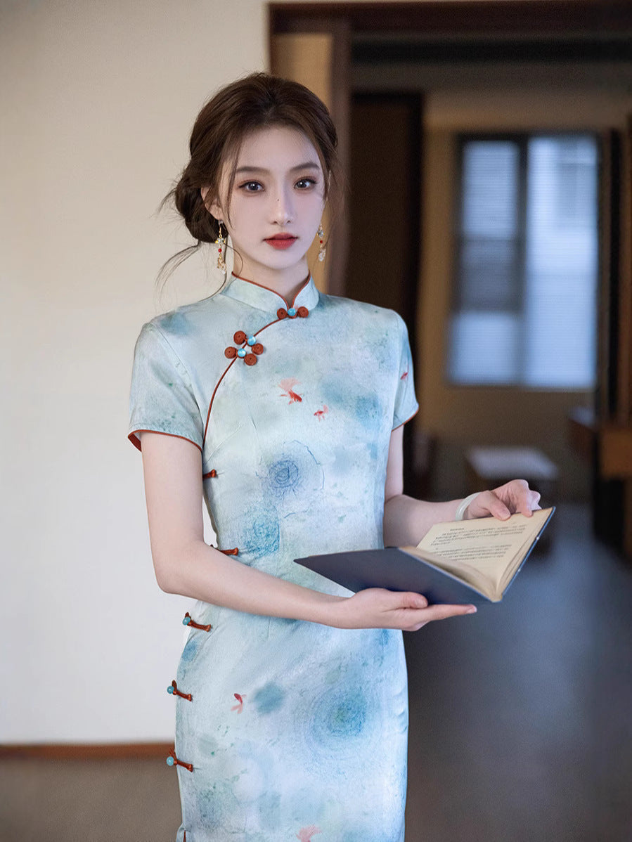 Elegant Blue Cheongsam – Daily Wear 2025 Spring Dress
