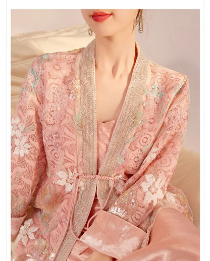 Spring New Chinese Style Velvet Sequin Embroidered Mesh Blouse