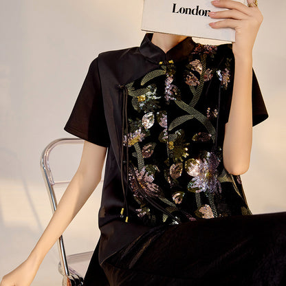 Summer Sequin Asymmetrical Vest Top High-End National Style