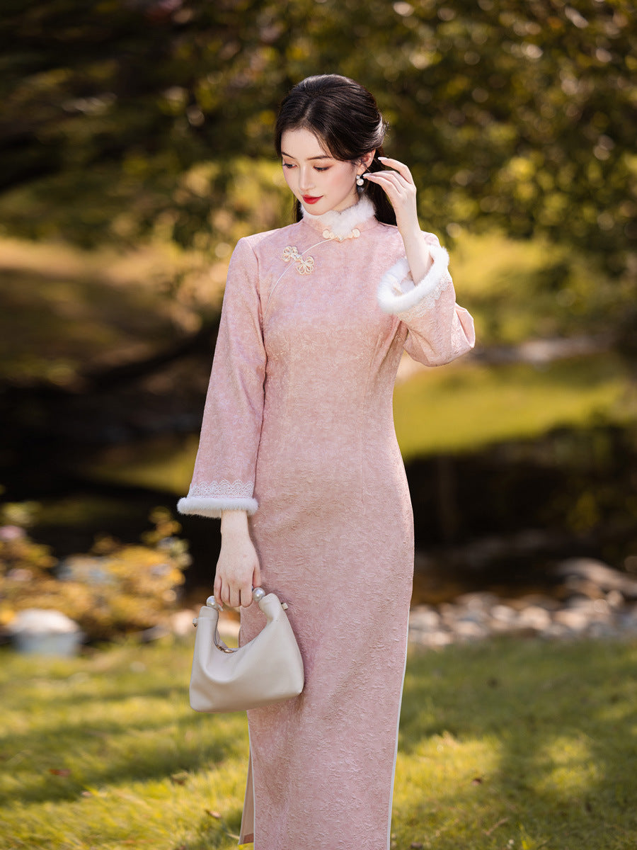 2025 New Pink Chinese Style Qipao | Warm Elegant Thickened Winter Dress