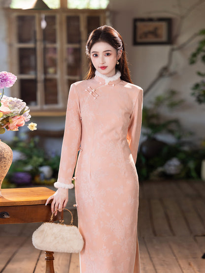 2025 Pink Velvet Cheongsam | New Chinese Style Warm Winter Dress