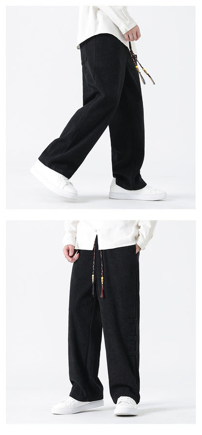 Chinese Style Mens Button Corduroy Pants Large Size Casual Sweatpants