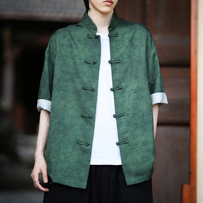 Summer Chinese Tang Suit Shirt Mens Stand Collar Short Sleeve Hanfu