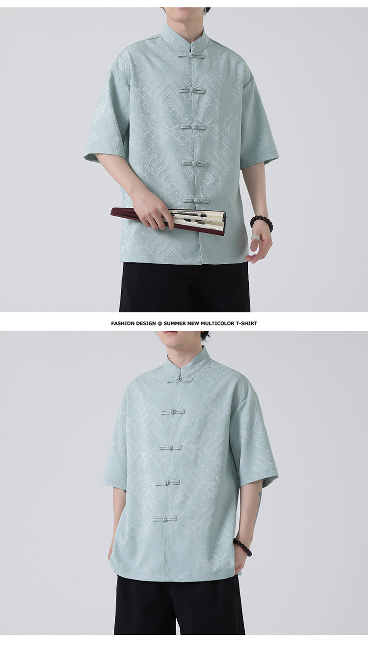 New Chinese Style Tang Shirt — Men’s Short-Sleeve Retro Button-Up Top