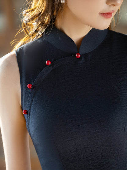 Navy Blue Sleeveless Cheongsam – Youth Slim Daily Dress