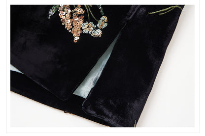 Elegant New Chinese Satin Floral Sequin Loose Black Top