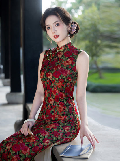 Floral Shadow Rose Cheongsam – 2025 Sleeveless Youth Dress